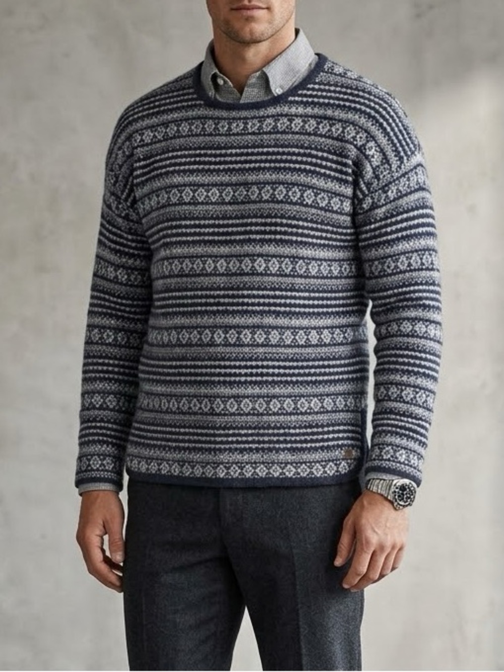 LOGG Label‎ of Graded Goods Navy Blue Fair Isle Alpaca Blend Sweater Mens Medium